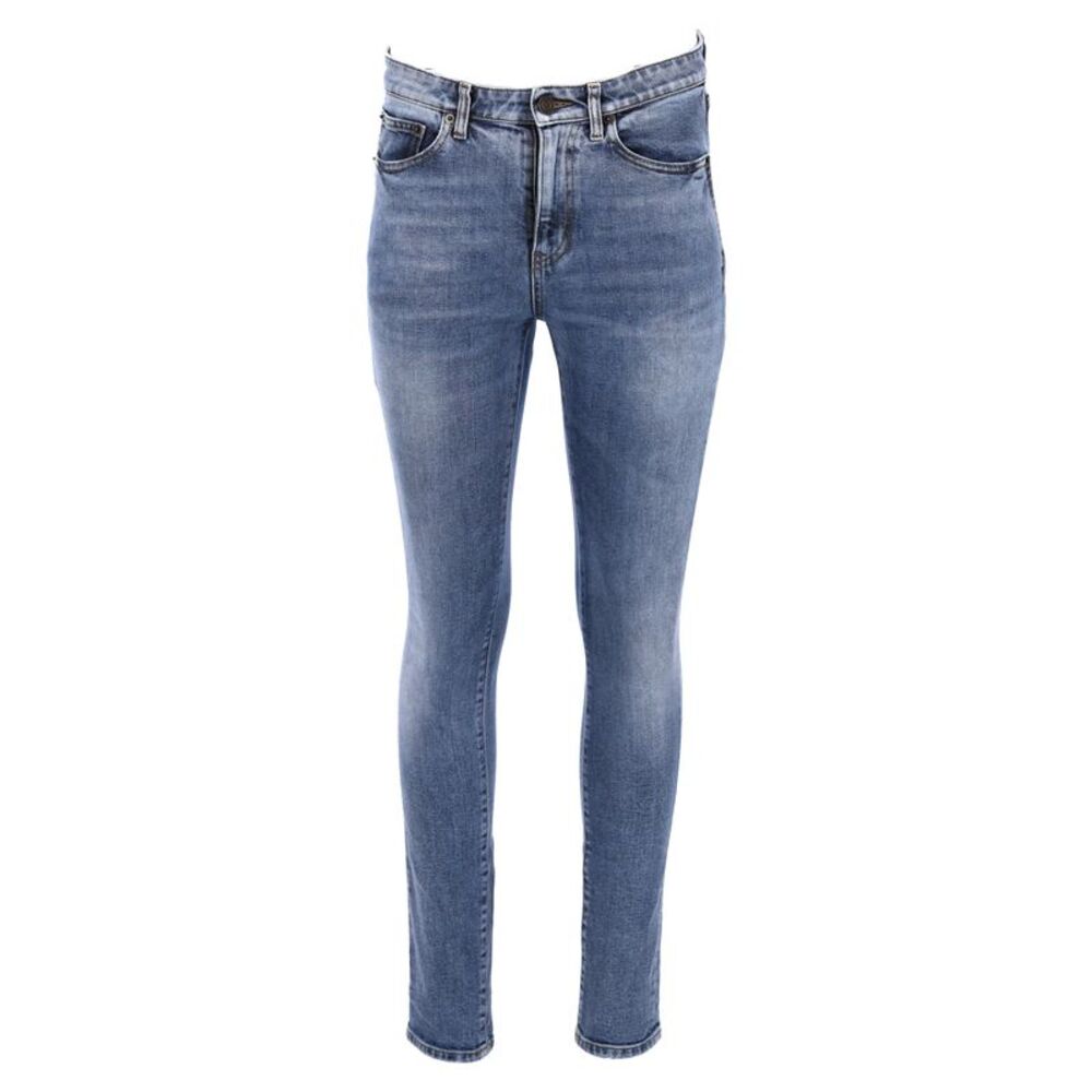 Saint Laurent Logo-Embroidered Slim Fit Jeans in Blue Cotton Denim